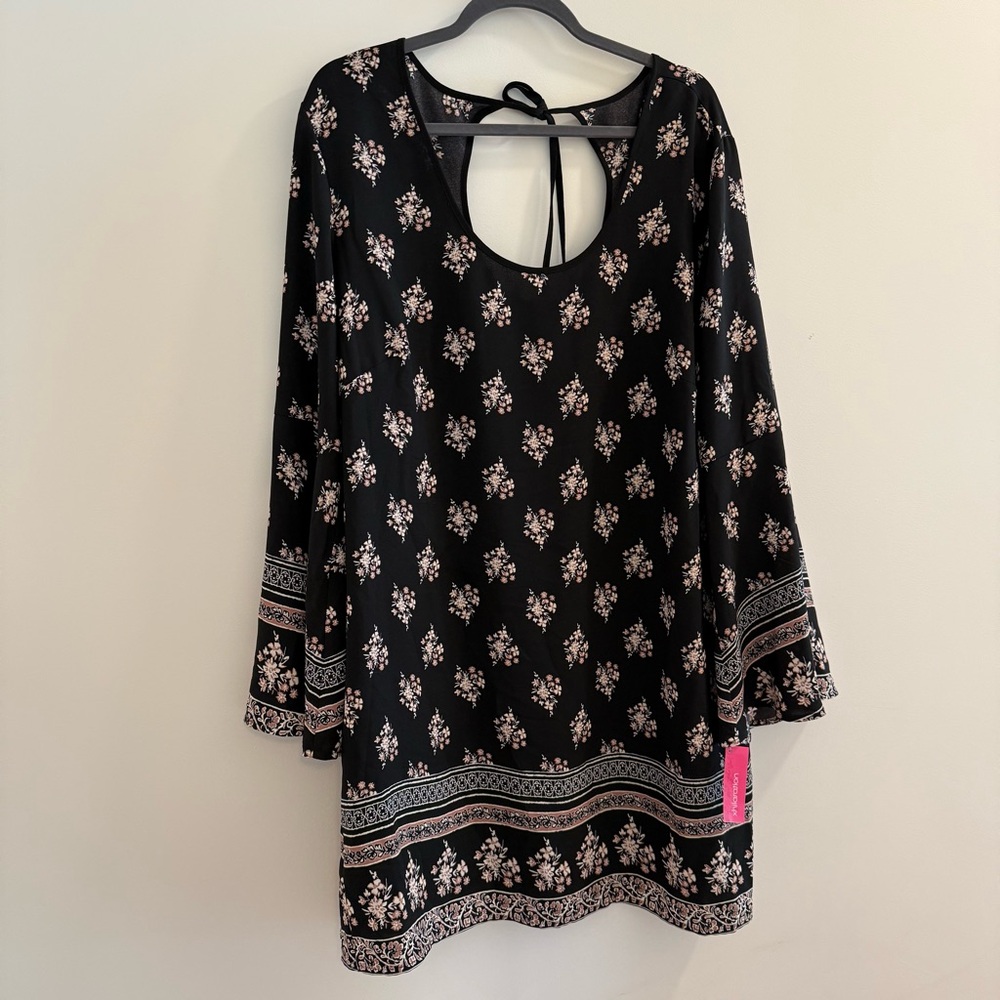 Boho Mini Dress Floral Long Bell Sleeves Open Back Loose A-Line Hippie